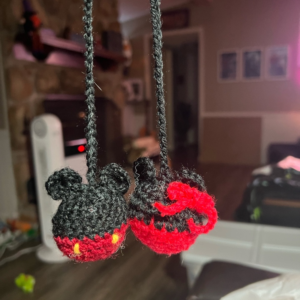 Handmade crochet Mickey and Minnie car hanger
